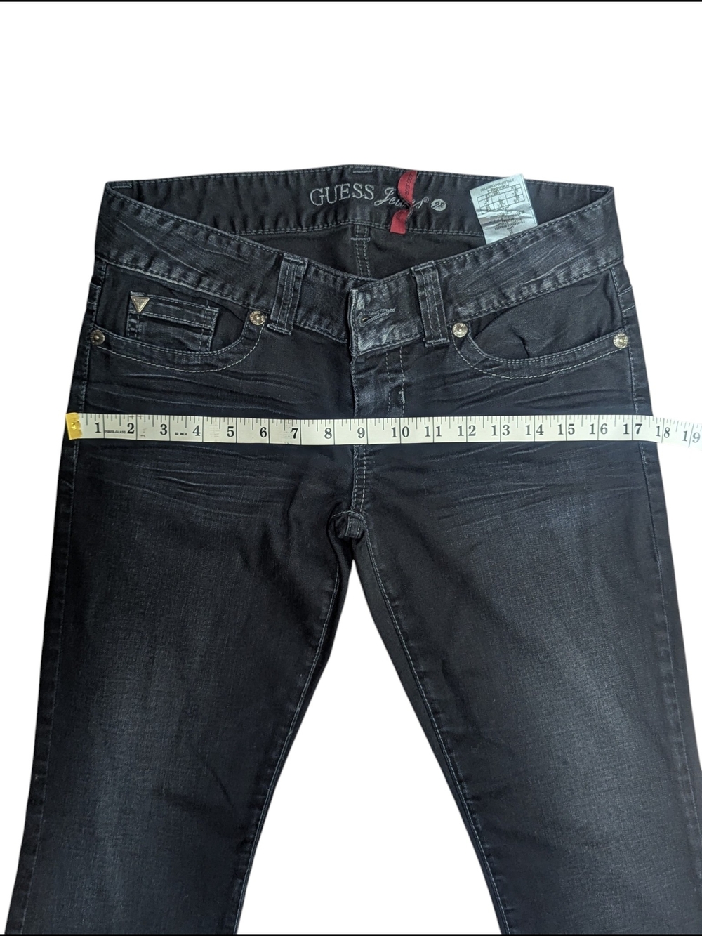 Y2K GUESS Daredevil Boot Cut Jeans – Charcoal Black Rhinestone Pocket – Size 28 - Picture 7 of 15